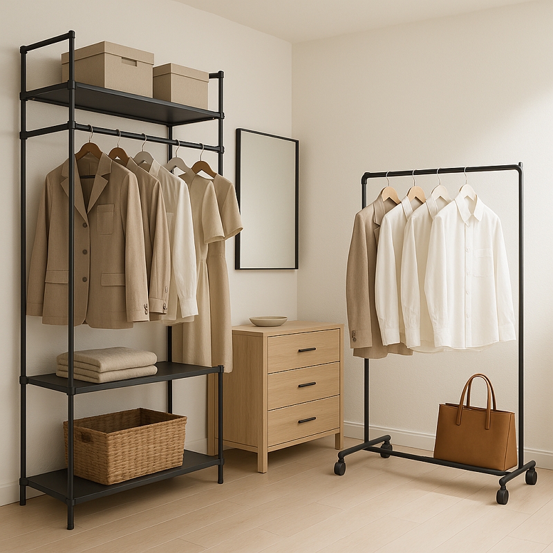 깔끔한 드레스룸에 철제 시스템 행거와 이동식 옷걸이가 조화롭게 배치된 밝은 실내