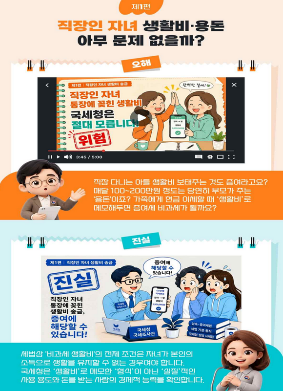 직장인 자녀 생활비와 용돈이 증여세 대상이 될 수 있는지 설명하는 국세청 이미지