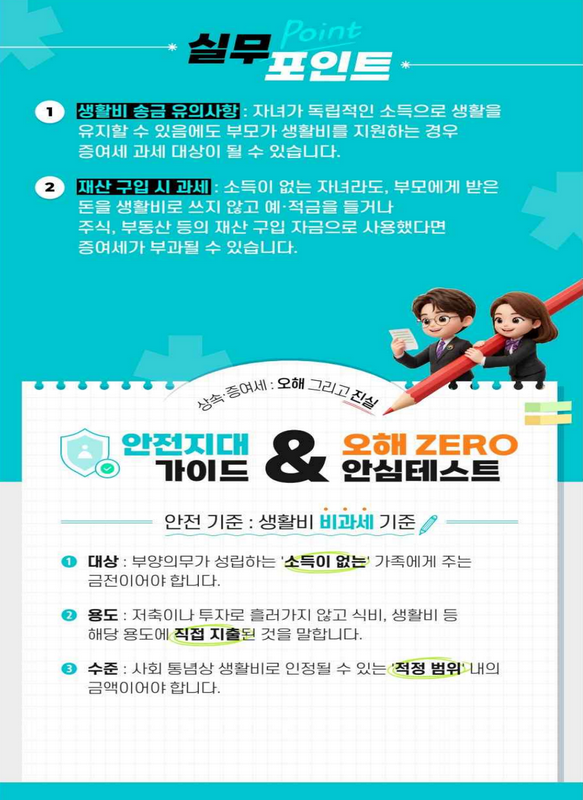 상속·증여세 실무포인트와 생활비 비과세 기준을 설명하는 이미지
